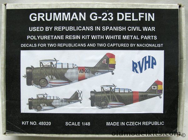 RVHP 1/48 Grumman G-23 Delphin - Spanish Civil War Republican (Grupo Num 28 Cardedeu-Le Garriga 1938 or 1a Escuadrilla Grupo 28) and Nationalist (Previous aircraft after capture and Grupo 5W At the War's End), 48020 plastic model kit